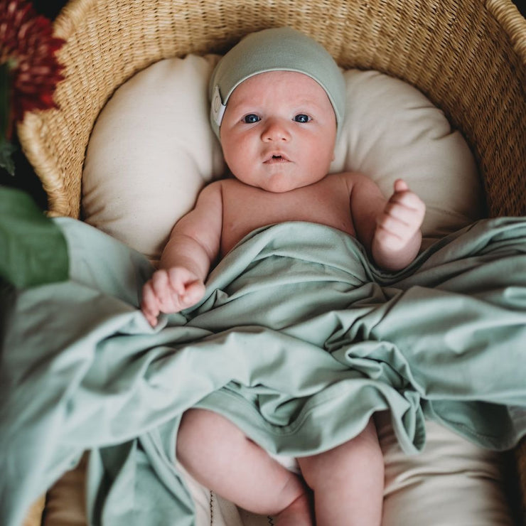 Jersey Cotton Spandex Swaddle Blanket and Hat - Sage